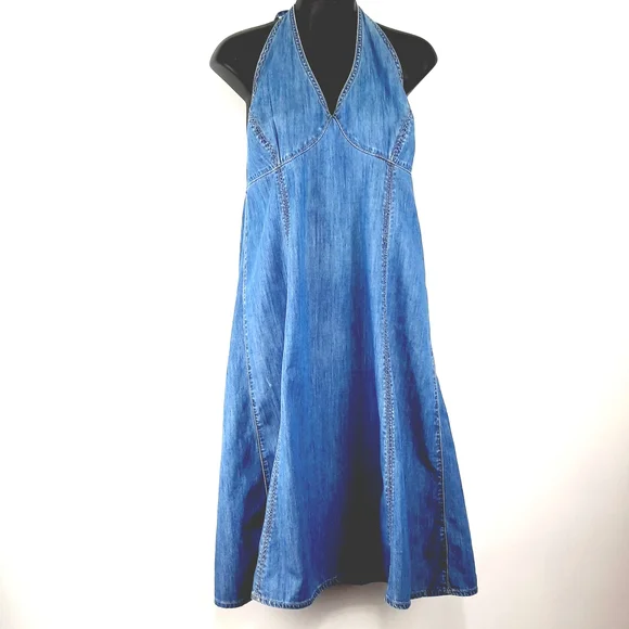 ❤️ Stunning Blue Denim 70,s HalterSummer  Dress - Picture 7 of 13
